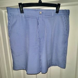 PETER MILLAR Golf Shorts 38 Blue Check 100% Polyester Wicking Zip Button Bermuda